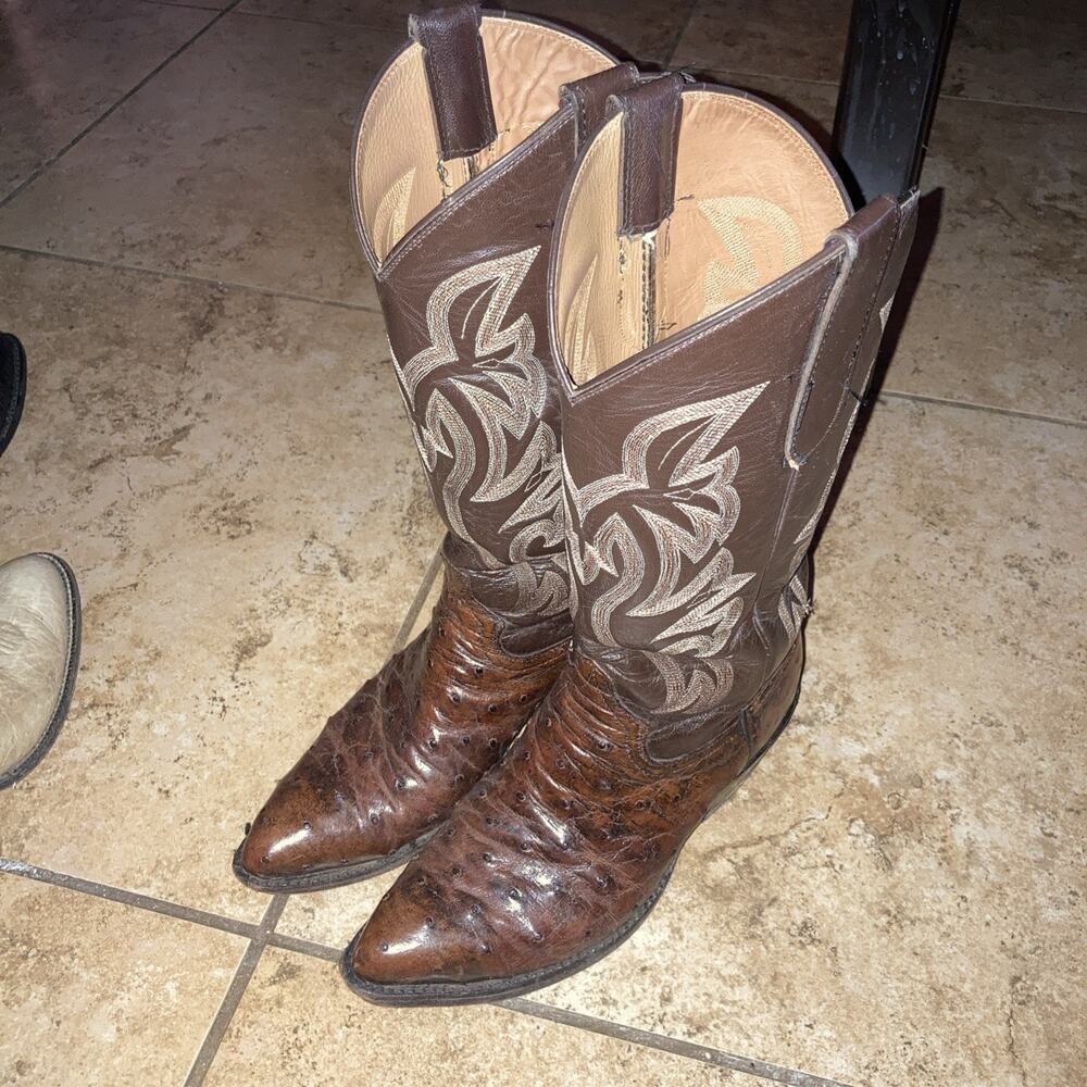 Vintage COWTOWN Mens Cowboy Western Boots Brown Full Quill Ostrich Leather 7 D
